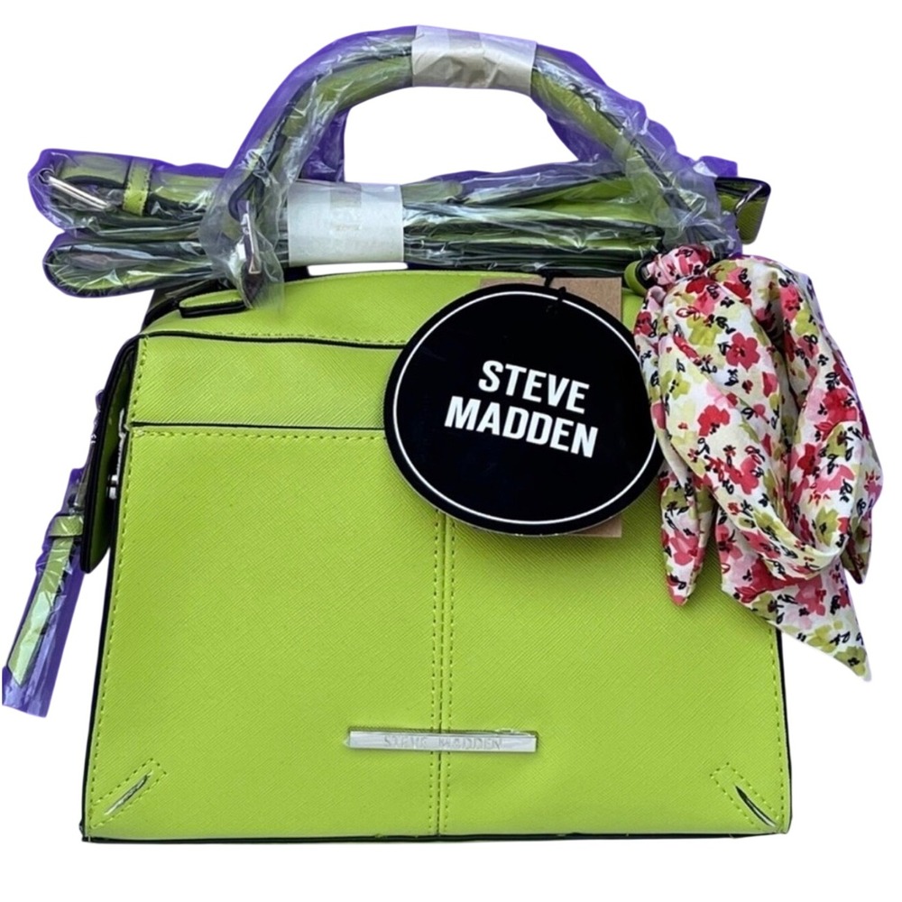 Steve Madden Lime Green Saffiano Satchel Crossbody Bag with Floral‎ Scarf Chic